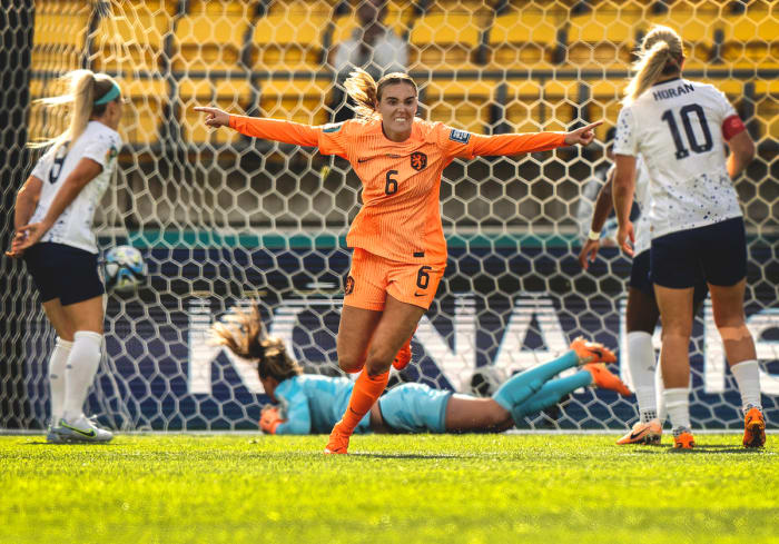 Netherlands' Jill Roord celebrates after scoring against the USWNT during group play of the Women's World Cup.